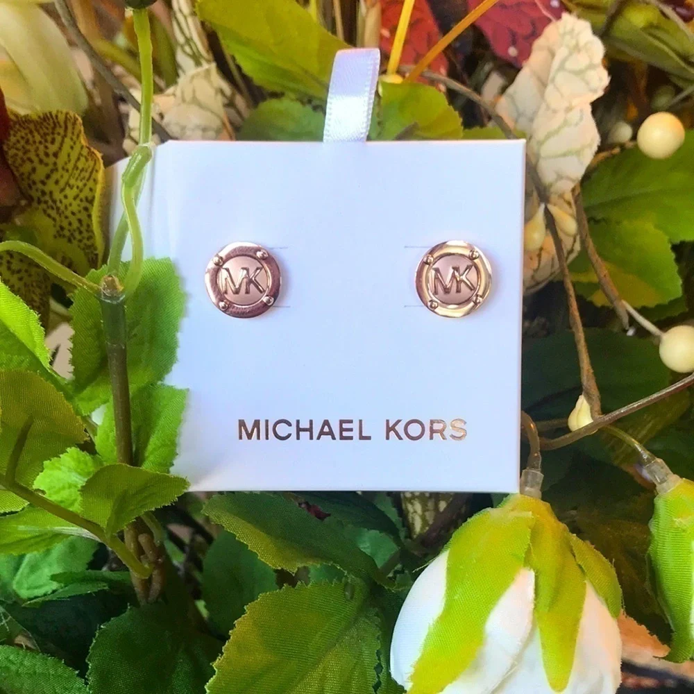 Brand New Michael Kors Circular Logo Rose Gold Tone Post Earrings